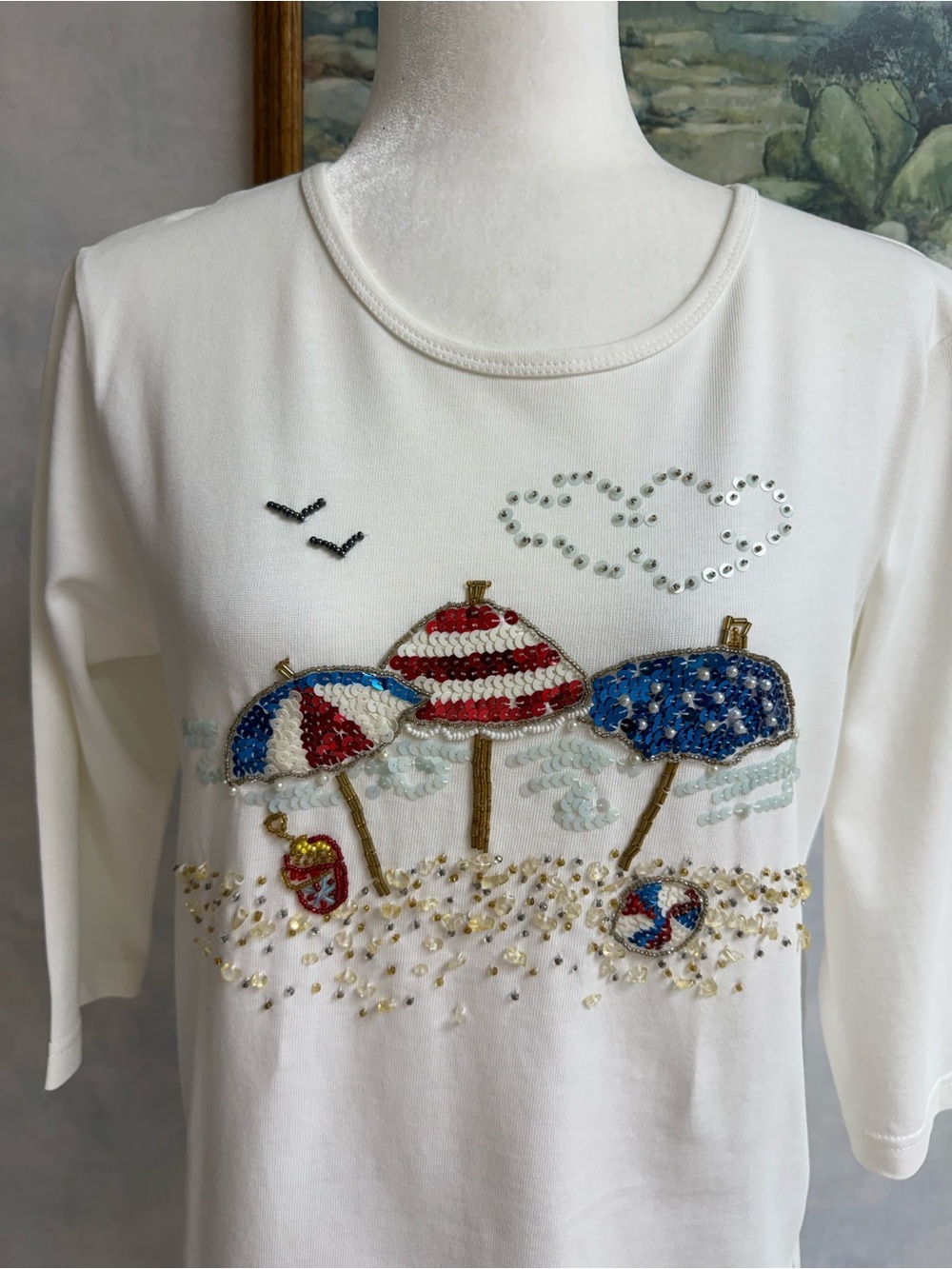 Quacker Factory White 3/4 Sleeve Top w/ 3 Beaded Umbrellas on a Beach Tunic